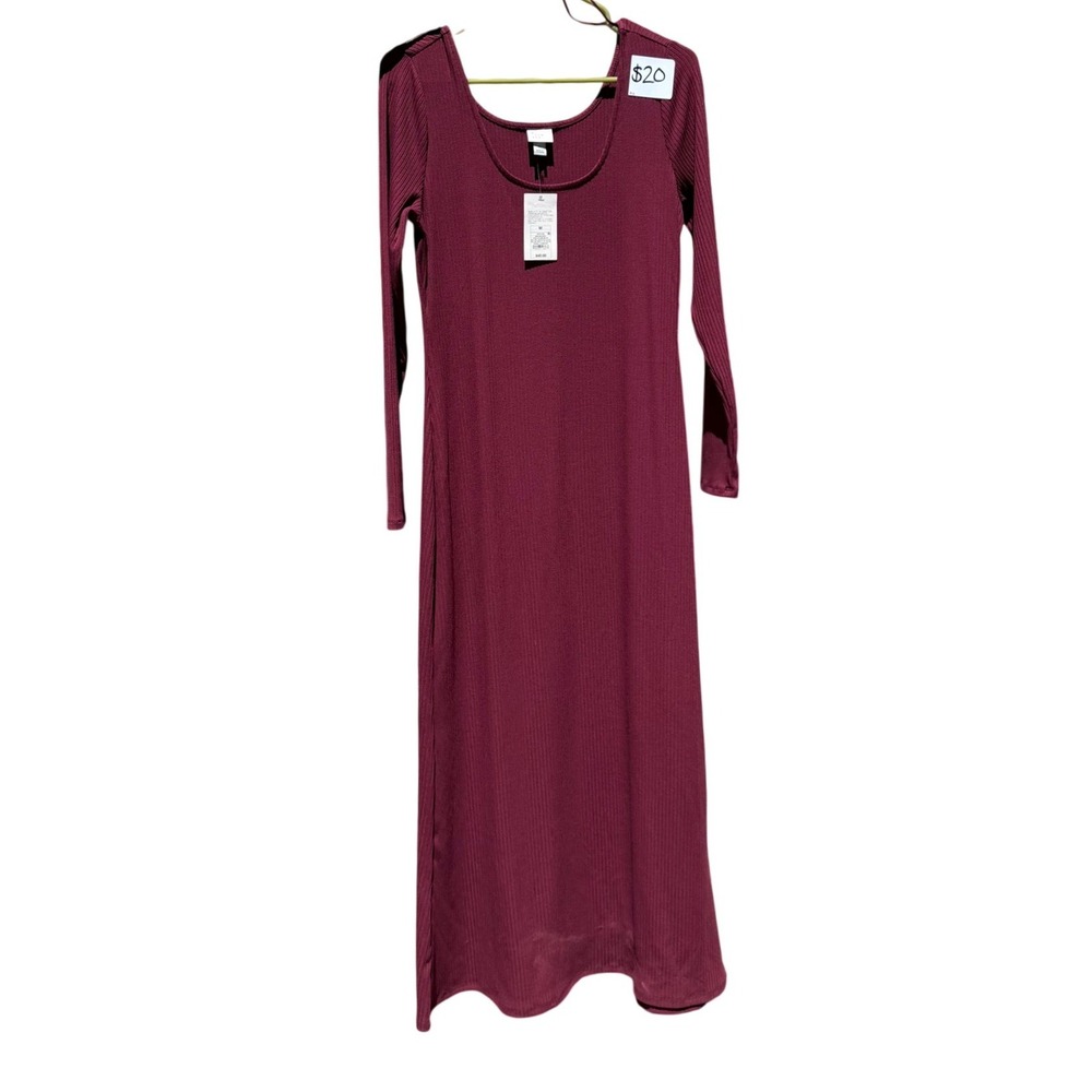 A New Day Dark Red Ribbed Long Sleeve Maxi Dress Burgundy Scoop Neck Medium NWT